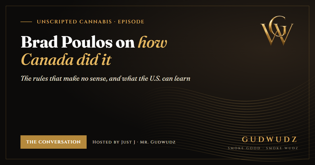 Unscripted Cannabis episode card in GUDWUDZ black and gold: Brad Poulos on how Canada legalized cannabis, the rules that make no sense and what the U.S. can learn, hosted by Just J, Mr. Gudwudz