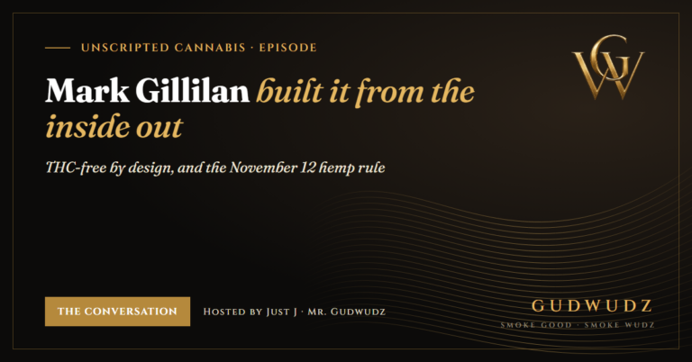 Unscripted Cannabis episode card in GUDWUDZ black and gold: Mark Gillilan of Kyoto Botanicals built it from the inside out, THC-free by design and the November 12 hemp rule, hosted by Just J, Mr. Gudwudz
